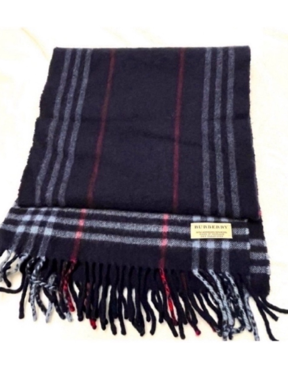 Burberry Cashmere Navy Plaid Fringe Scarf with Red Accent
One Size - Picture 1 of 5